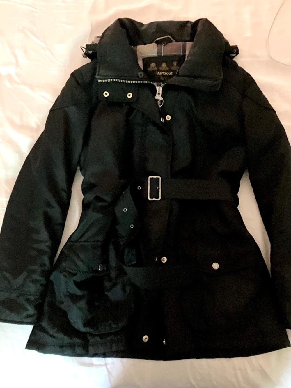 Barbour Belted Hooded Plaid lining quilted jacket Sz UK16